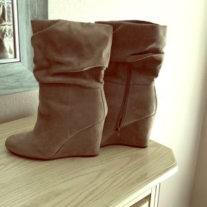 Gray faux suede wedge ankle boots